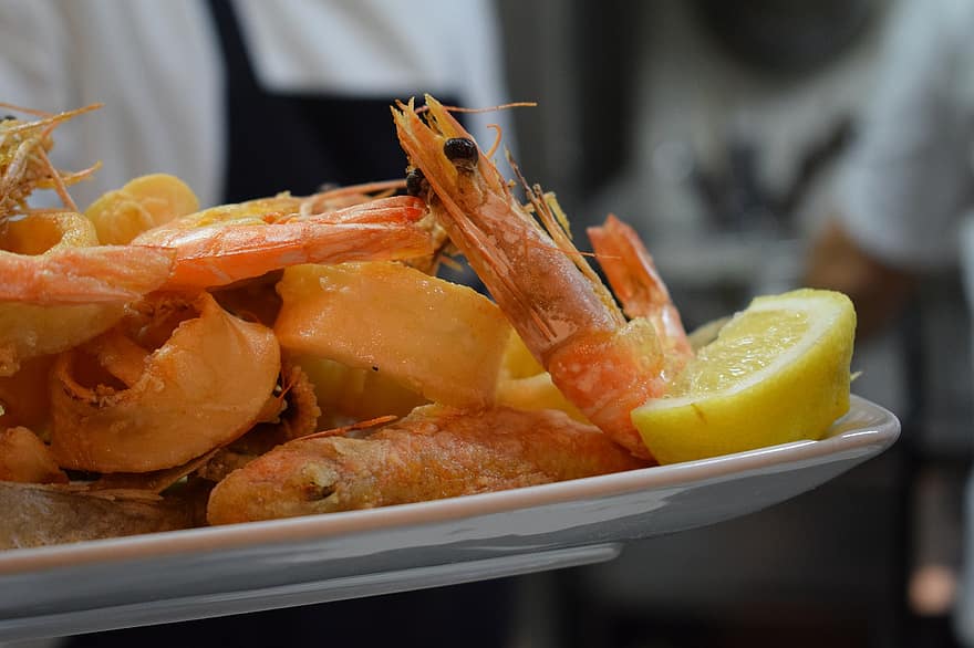 Food, Dish, Seafood, Fried Shrimp, Fried Calamari, Fried Squid, Fried Fish, Lemon, Meal, Fried, Shrimp