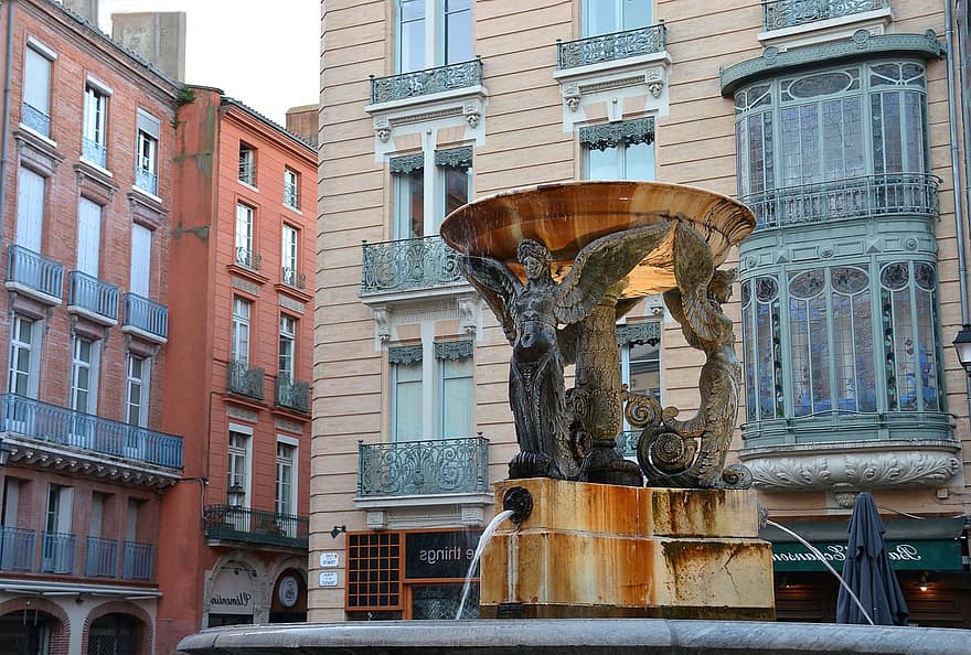 Fountain, Trinity Square, Toulouse, Facades, architecture, famous place, building exterior, cityscape, built structure, cultures, christianity