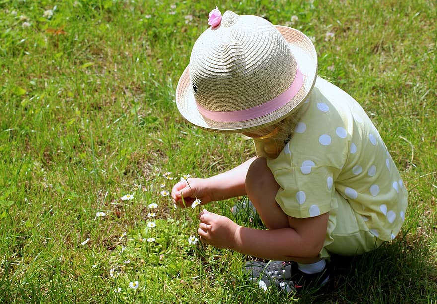 어린이, 작은 소녀, 여름, 어린 시절, 자연, 꽃들, 초원