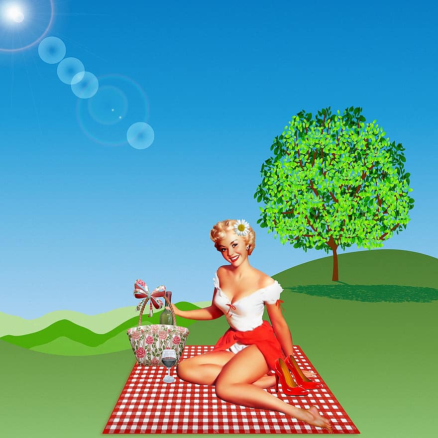 mujer, picnic, hierba, fijar, cesta, árbol, prado