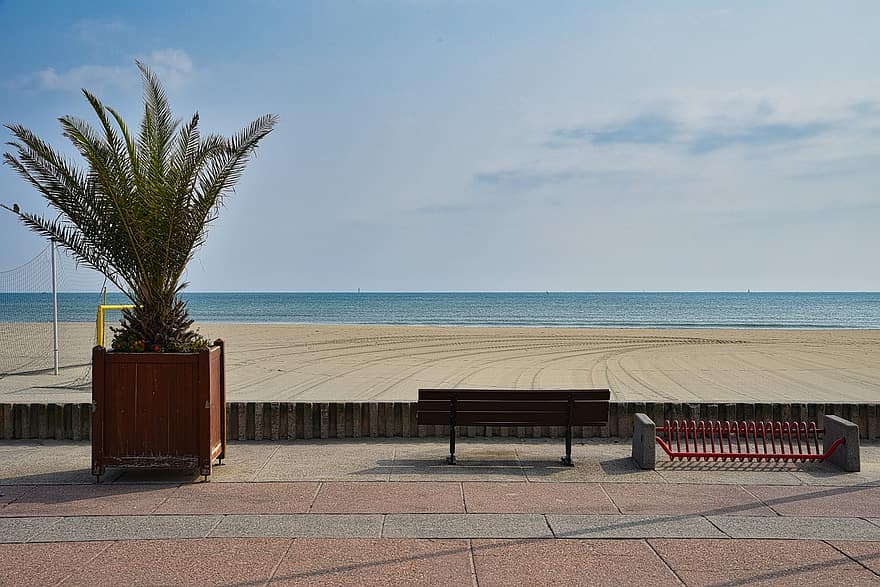 mer, plage, promenade, chaise, été, bois, bleu, banc, table, les vacances, le sable