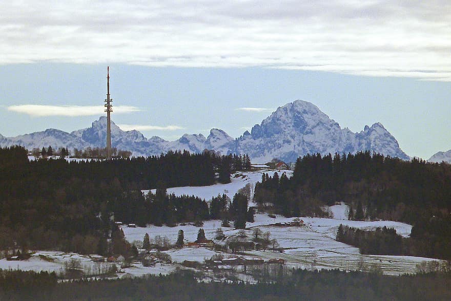 talvi-, maisema, vuoret, lumi, Baijeri, Peissenberg, vuori, puu, metsä, vuorijono, sininen