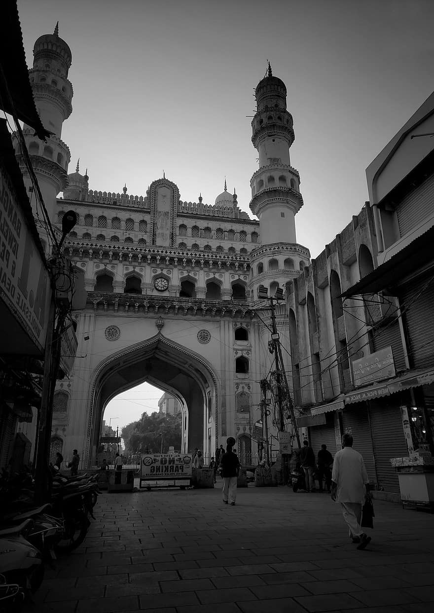Charminar, памятник, ориентир, Хайдарабад, Индия, архитектура, черное и белое, известное место, религия, минарет, культуры