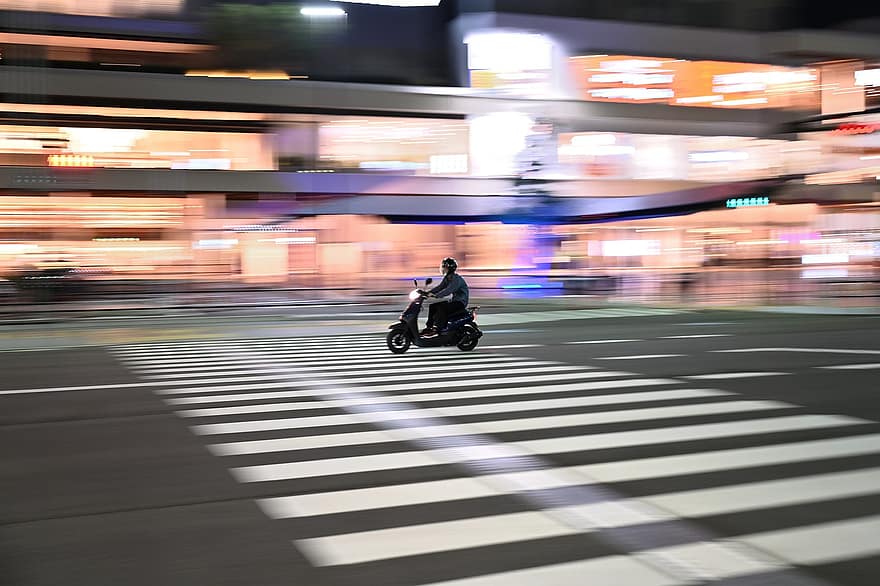 motociklu, dzinējs, ātrumu, braukt, panoramēšana, velosipēdu, gaisma, nakts skats, neskaidra kustība, kustību, naktī