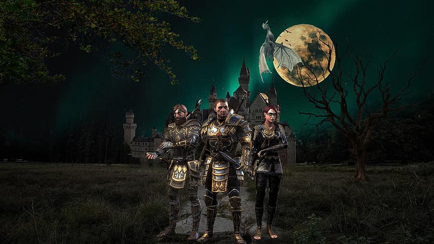 Background, Castle, Dark, Moon, Warriors, Fantasy, Characters, Digital Art