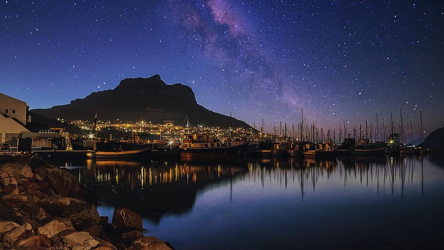 porta, porto, montagne, notte, Città del Capo, paesaggio, notturno, barca, via Lattea, galassia, stelle