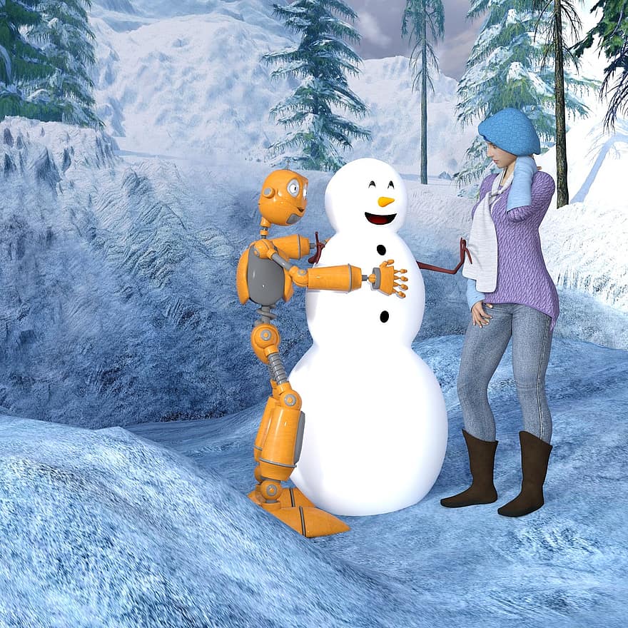 sniegavīrs, robots, ziemā, jautri, romp, spēlēt, Ziemassvētki, sniega seja, raksturs, sieviete, egle