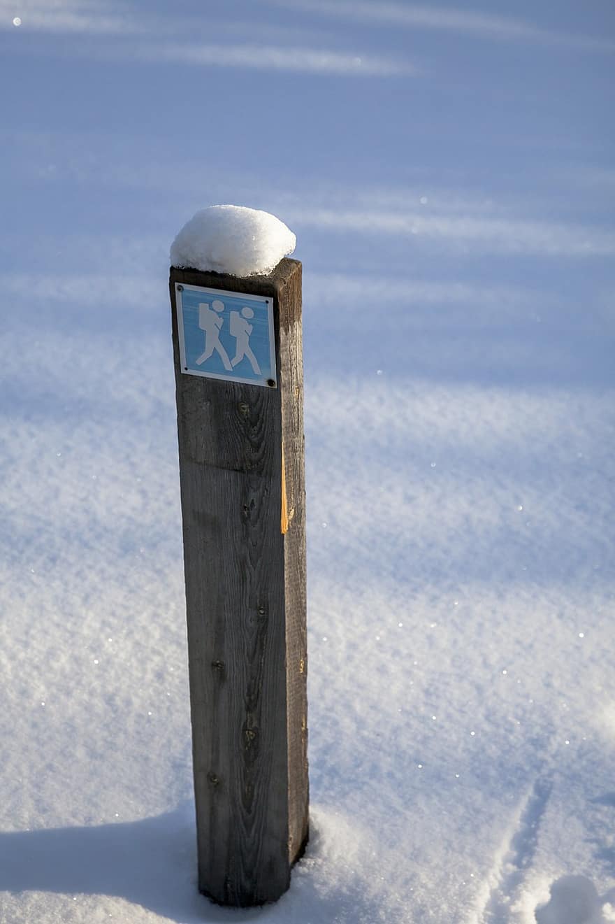 Referência de rota, poste de sinalização, trilha de caminhada, caminho, inverno, neve, natureza, madeira, geada, gelo, temporada