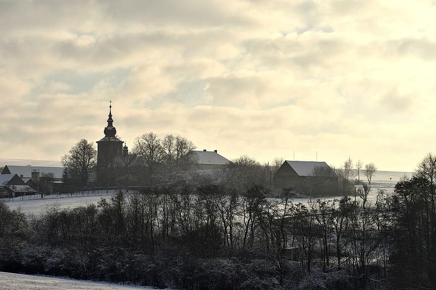countryside, village, town, winter, architecture, snow, christianity, religion, old, landscape, rural scene