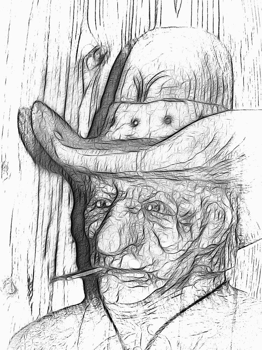 vell, cowboy, art, dibuix, obra d'art, retrat, cara, barret