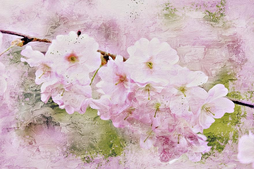 kwiaty wiśni, płatki, wiosna, Oddział, Natura, sakura, pastel, delikatny, gałąź drzewa, czas kwitnienia, malarstwo cyfrowe