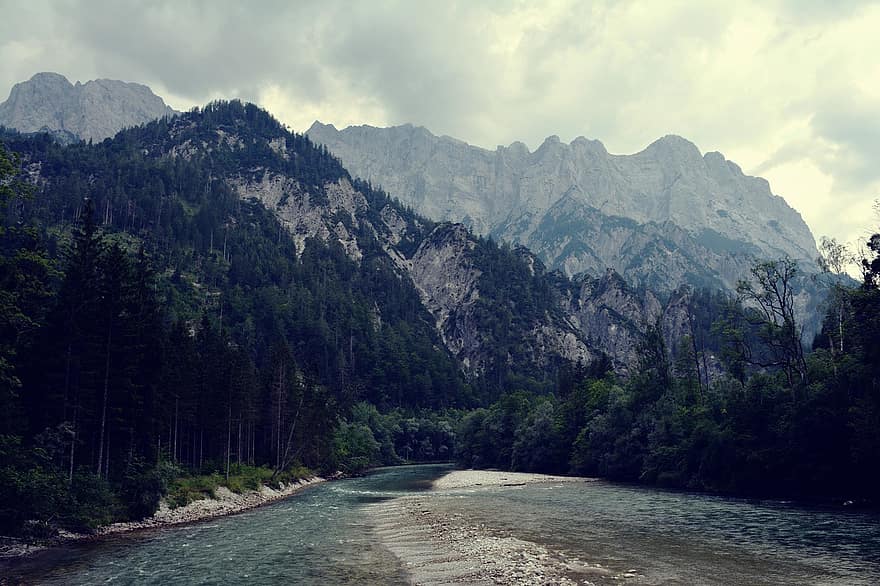 山岳、川、森林、風景、自然、水、荒野、屋外、旅行、風光明媚な、オーストリア