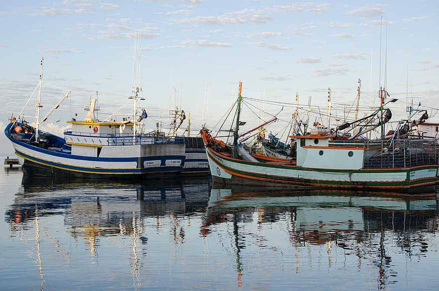 Sao José Do Norte, boten, ochtend-, rio grande do sul, schip, visvangst, visser, boot, zonsopkomst, water, reflectie