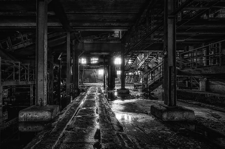gamykla, nespalvotas, pastatas, sugadinti, salė, industrija, pasibaigė, atmosfera, juoda ir balta, tamsus, senas