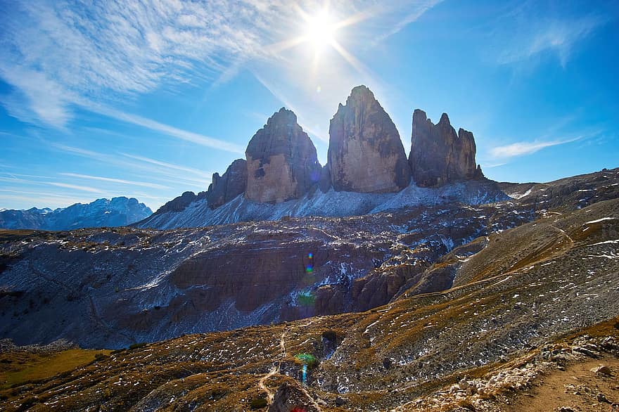 Itālija, kalni, trīs lavaredo virsotnes, dolomīti, alpi, trīs virsotnes, augstākā līmeņa sanāksmē, ainavu, raksturs