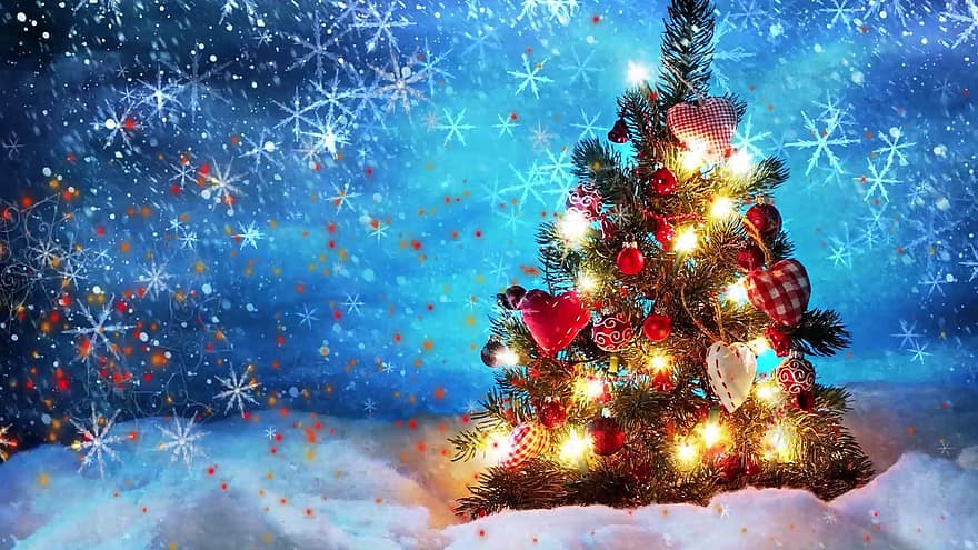 hari Natal, pohon, salju, kepingan salju, malam, kedatangan, liburan, dekorasi, musim, berkilau, ornamen