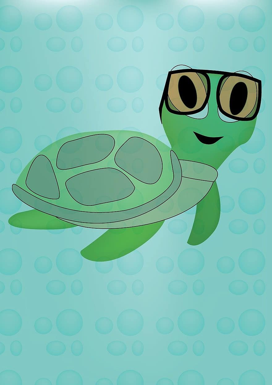 teknősbéka, rajzfilm, tropikus, víz, zöld, szemüveg