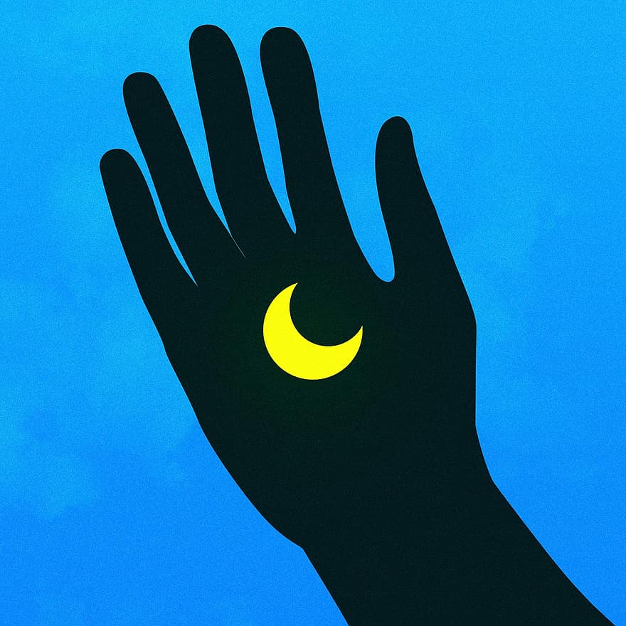 kreskówka, wyobraźnia, malowanie ręczne, dłoń, Palma, księżyc, brakujący, noc, niebieski księżyc, Niebieska kreskówka, niebieski obraz