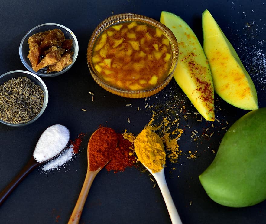 marynata, ogórki konserwowe, mango, jedzenie, Zielony, surowe mango, pyszne, Słodkie