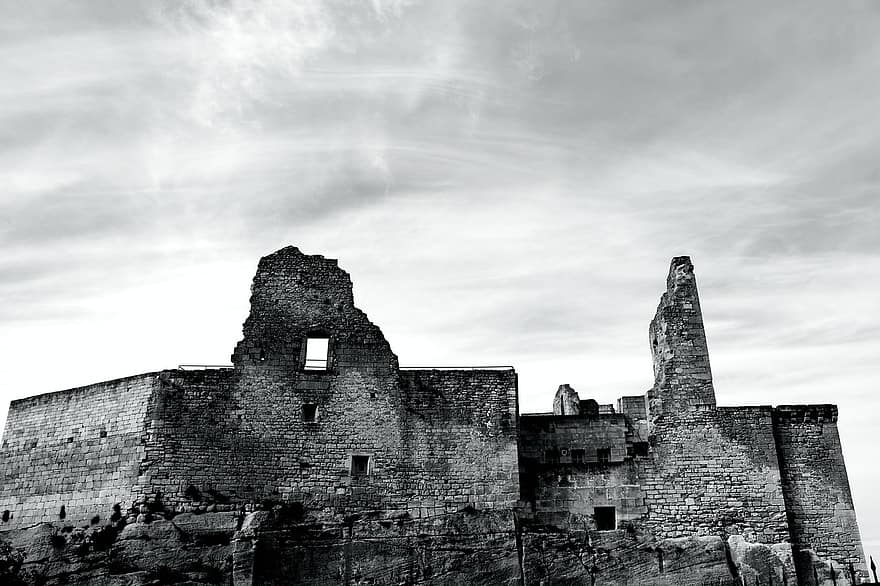 замок, разорение, средневековый, монохромный, Франция, небо, старый, Lacoste