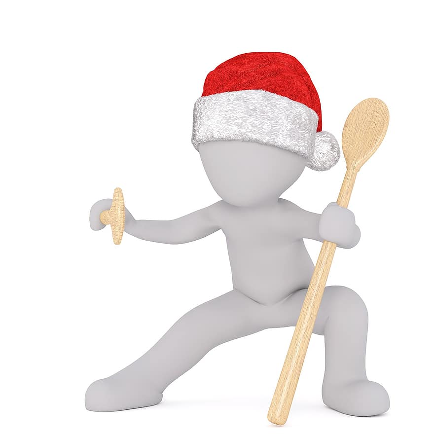 maschio bianco, Modello 3d, isolato, 3d, modello, tutto il corpo, bianca, cappello da Babbo Natale, Natale, Cappello della santa 3d, cucchiaio di legno