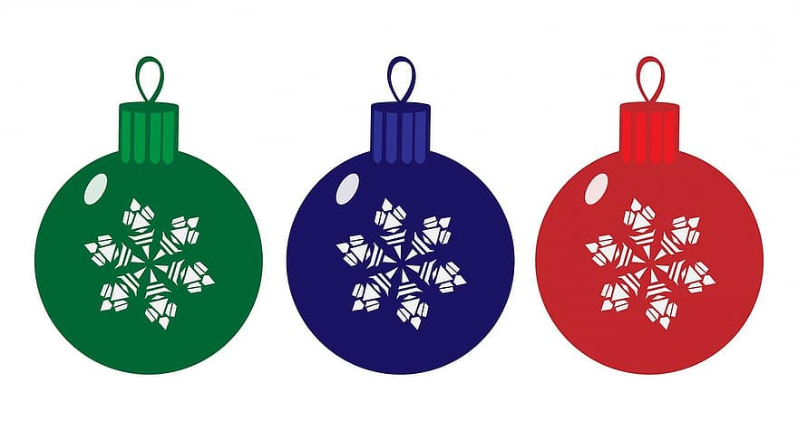 jul, bauble, baubles, baller, dekorasjon, dekorative, Kunst, blå, grønn, rød, snøfnugg