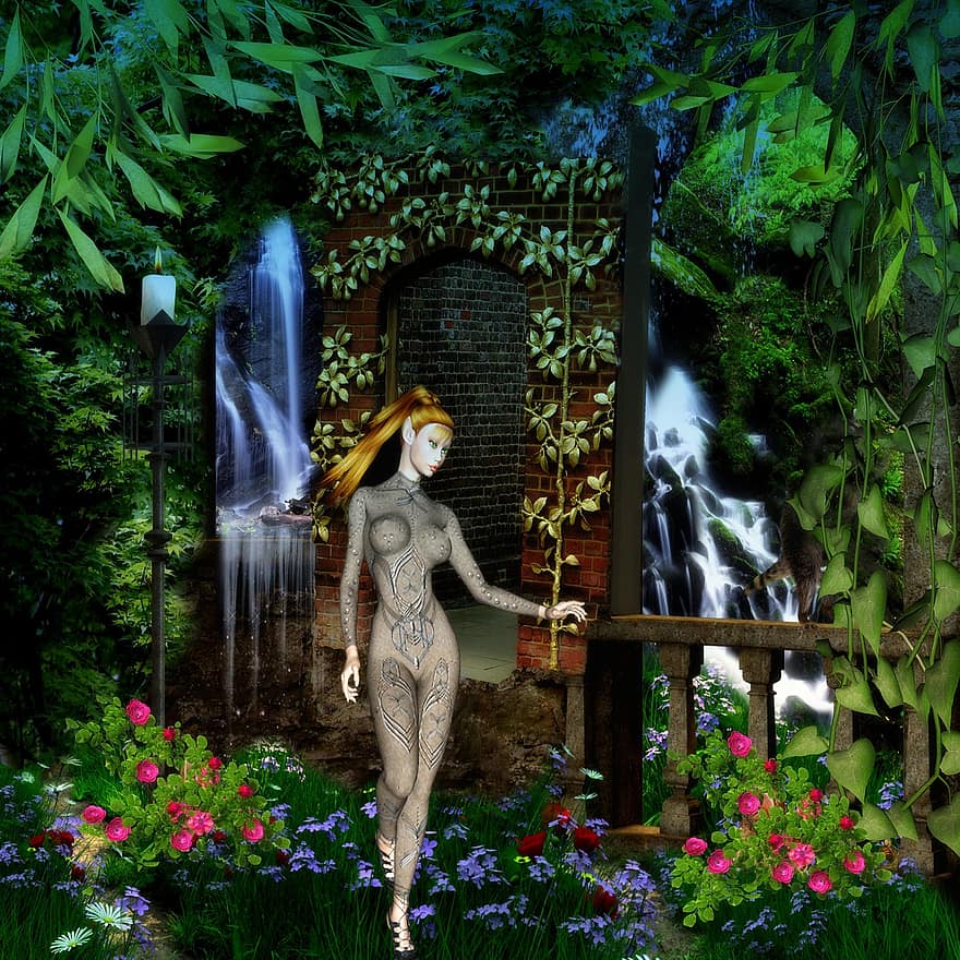 фантастика, Эльфийский Фей, секретная дверь, лес, полночь, водопад, сказка, магия, таинственный, 300dpi