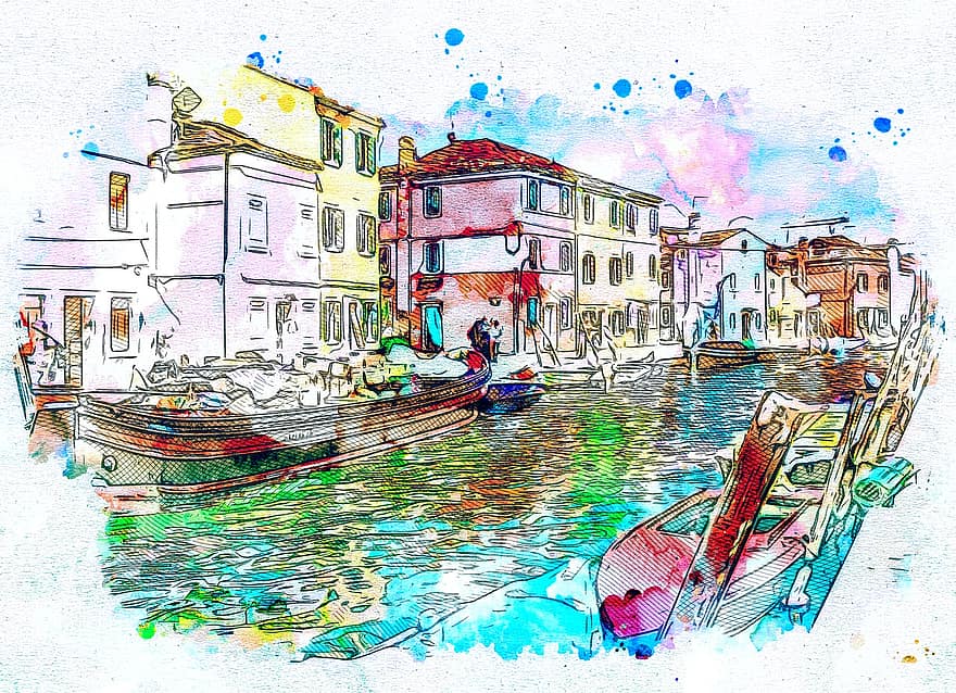 Venedig, Boot, Kunst, abstrakt, Aquarell, Natur, Jahrgang, T-Shirt, künstlerisch, Design, Farbspritzer