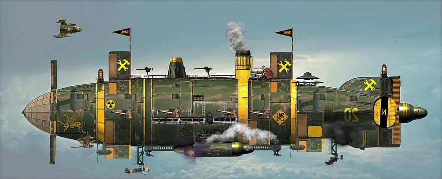 luchtschip, steampunk, fantasie, Dieselpunk, Atompunk, sci-fi, stoom-, rook, digitale kunst, vliegend, technologie