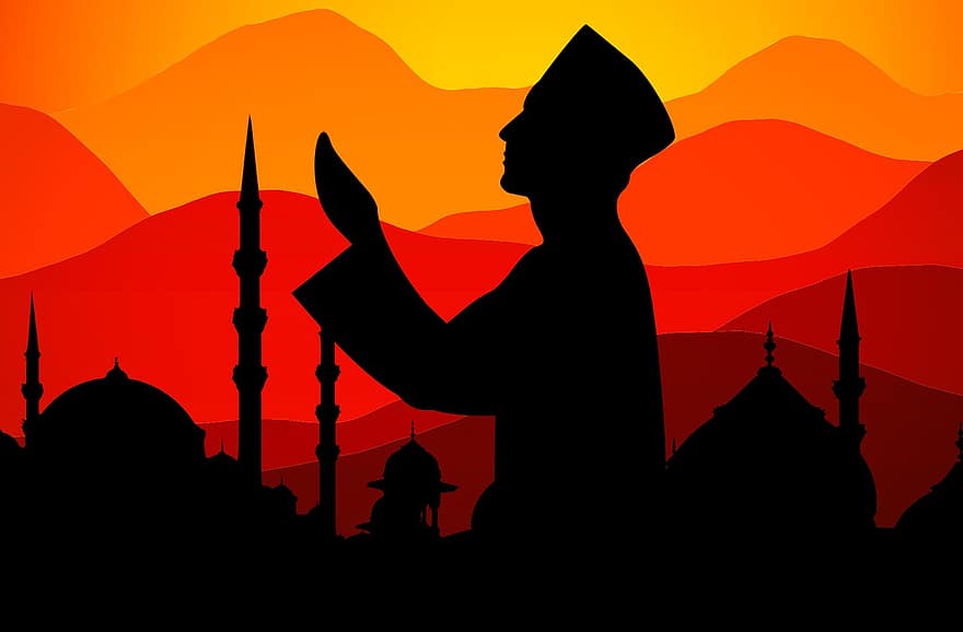 ramadán, islámský, modlitba, soumrak, slunce, muž, svatý, víra, nebe, muslimský, islám