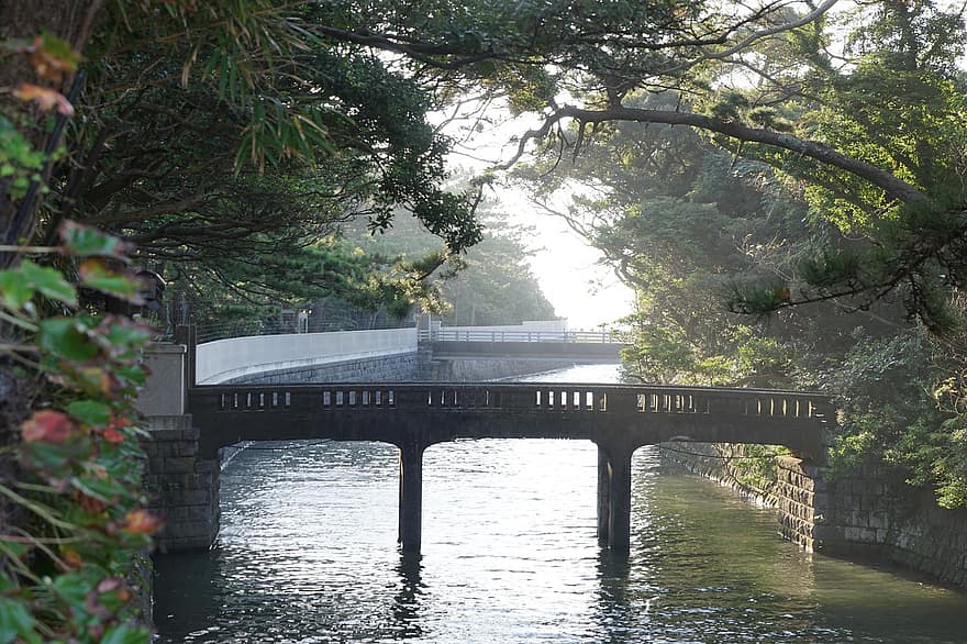 Hayama, híd, folyó, Kanagawa, Japán