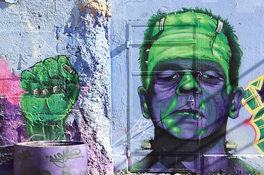 Франкенщайн, чудовище, графити, спрей, стенопис, пръскачка, Хелоуин, Голям екран, зелен, улично изкуство, цвят