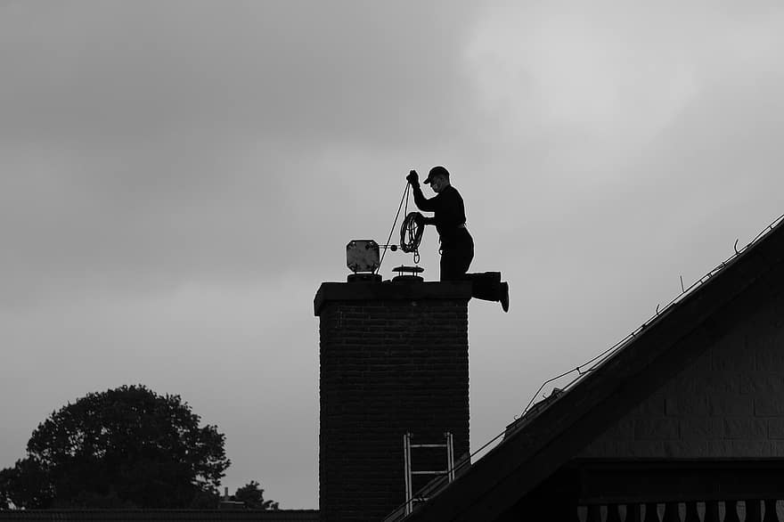 Chimney Sweep, Profession, Chimney, Man, Worker, House, Building, Monochrome