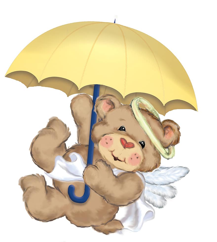테디 베어, 곰, 장난감, 어린이, 아가, 단, 애인, 베비 샤워, 비, 샤워, 우산