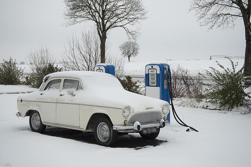 auto-, Simca, bord, P60, benzinestation, winter