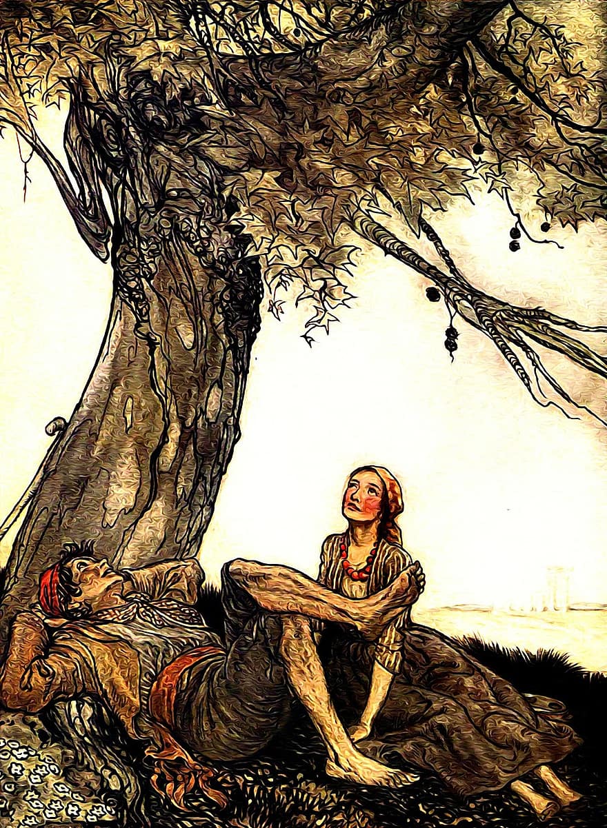 ilustrare de carte, literatură, Arthur Rackham, epocă, antic, vechi, Esops, scorneli, povesti cu zane, artă, în aer liber