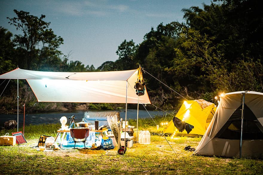 къмпинг, палатка, нощно къмпинг, лагерен огън, лято, трева, почивки, храна, пикник, отдих, ливада