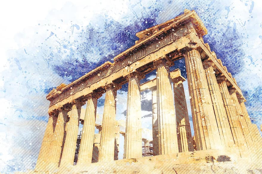 Art, Painting, Parthenon, Temple, Ruins, Building, Architecture, Pillars, Columns, Europe, Ancient