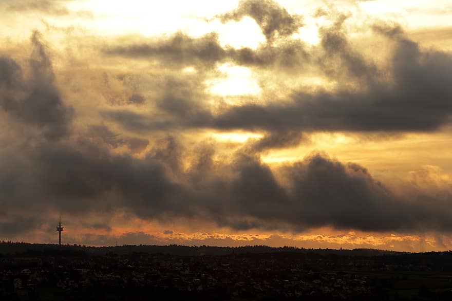 gün batımı, Schönbuchdır, abendstimmung, televizyon kulesi, gökyüzü, bulutlar, atmosferik