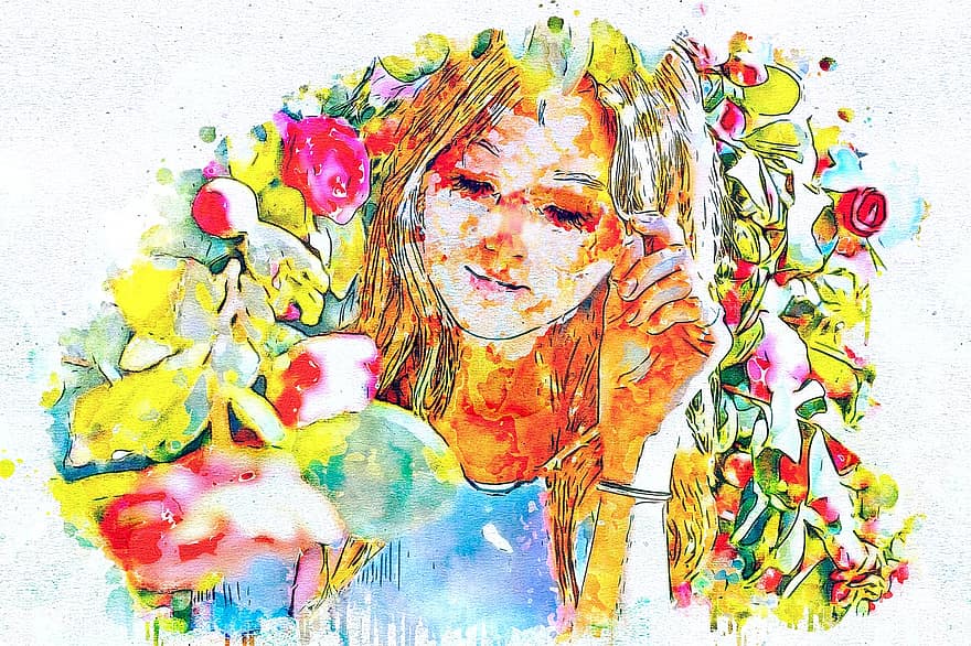 момиче, портрет, цветя, четене, природа, акварел, реколта, цветен, емоция, пружина, романтичен