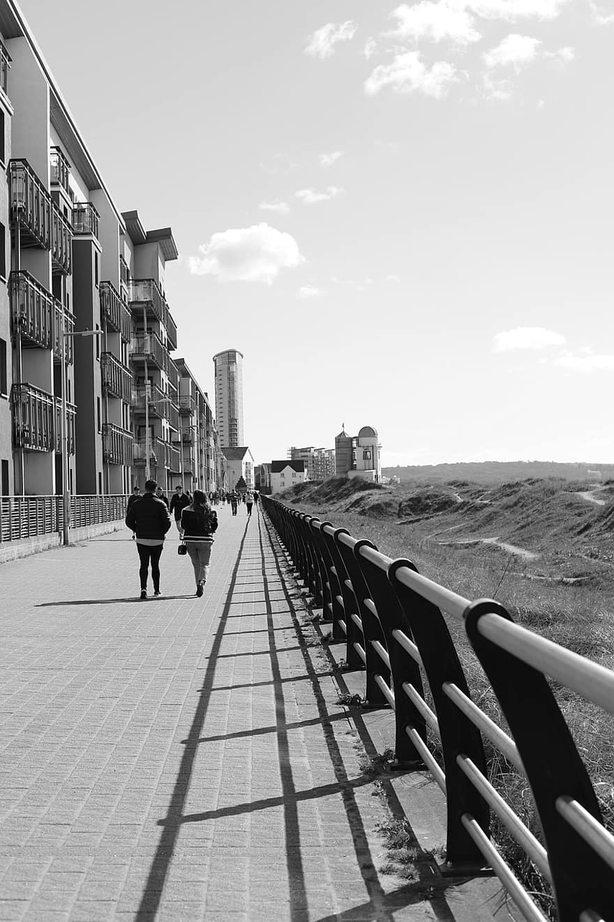 Railings, Beach, Apartments, Architecture, People, Swansea, Wales, Uk, Black And White, building exterior, summer