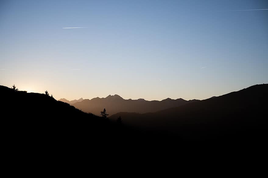 Mountains, Sunset, Dusk, Alps, Nature, silhouette, mountain, back lit, mountain peak, sunrise, dawn