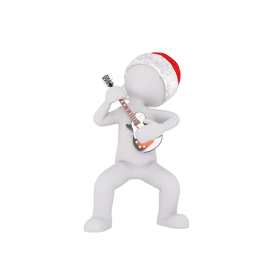 белый мужчина, 3d модель, фигура, белый, рождество, шляпа санты, Электрогитара, музыкальный инструмент, инструмент, гитара, музыкант