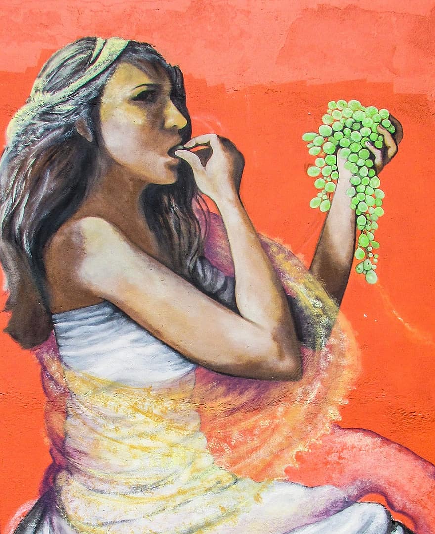tyttö, syöminen, viinirypäle, kesä, ilo, graffiti