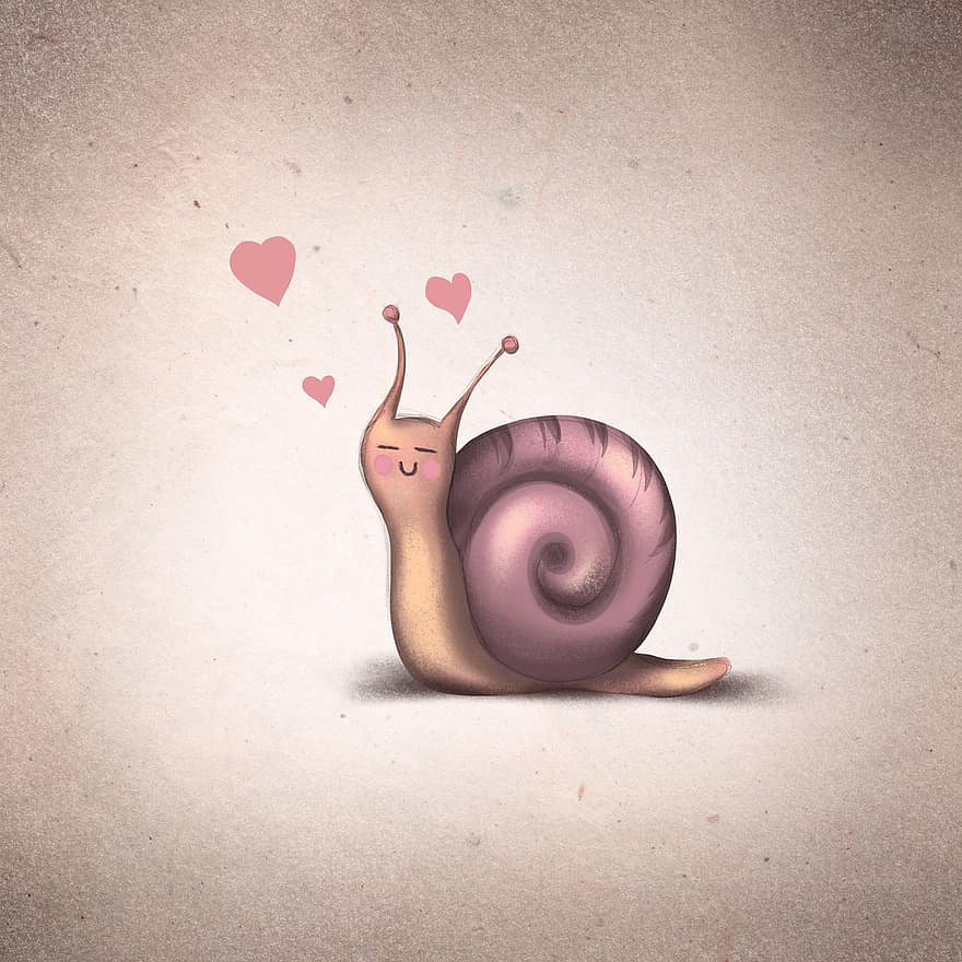 snigel, kärlek, hjärtan, ritning, djur-, slemmig, långsam, krypande, söt, spiral-, mollusk