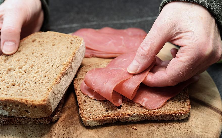 Ham, Sausage, Flesh, Loaf, food, slice, freshness, close-up, bread, human hand, meal