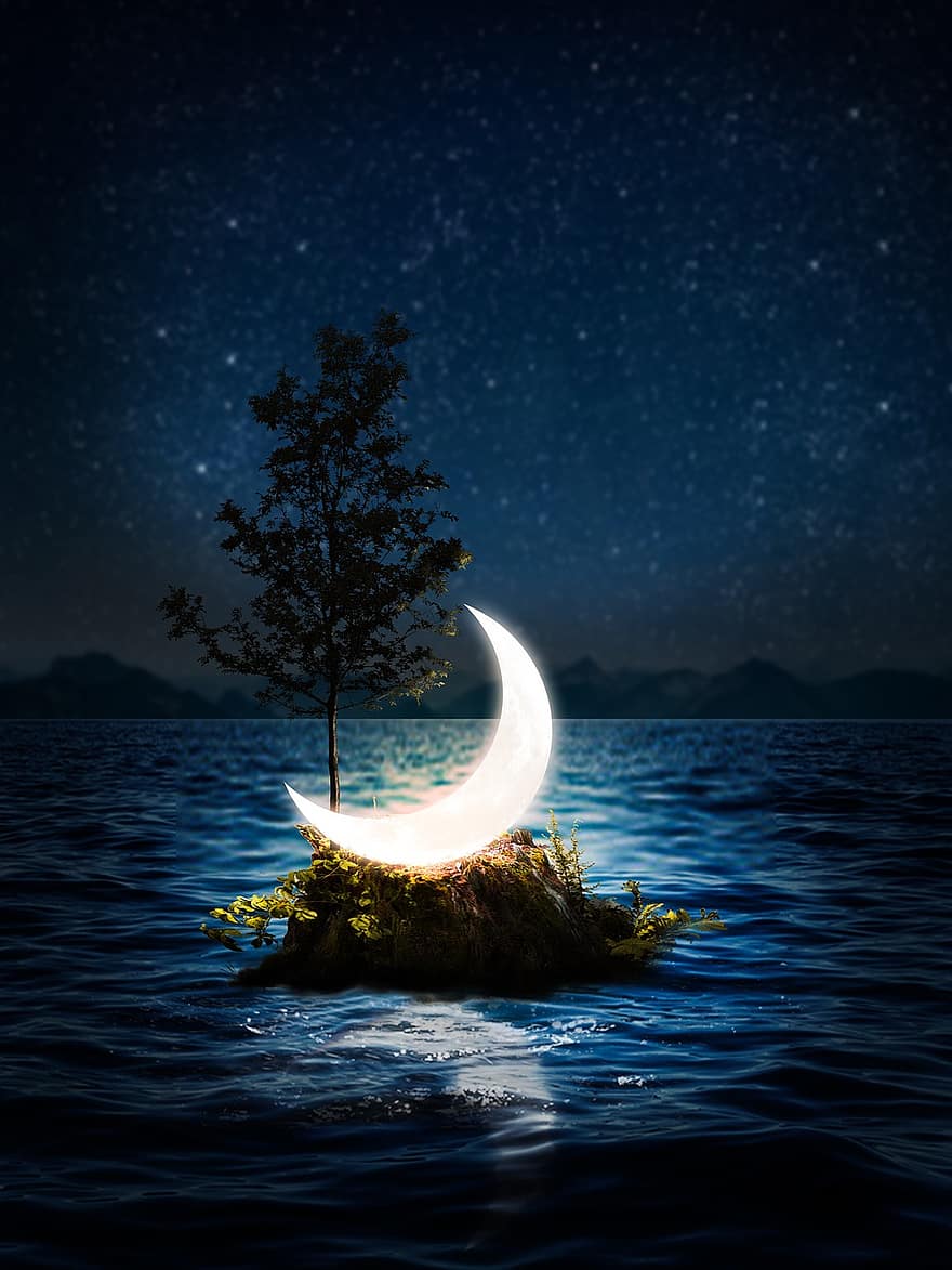 måne, måneskin, fantasi, nat, natur, halvmånen, hav, ocean, sø, vand, mørk