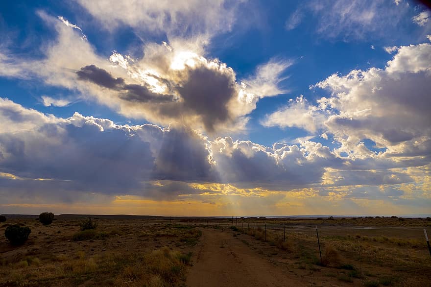 skyer, ørken, regn, sollys, stråler, vei, landskap, himmel, hovedvei, reise, New Mexico