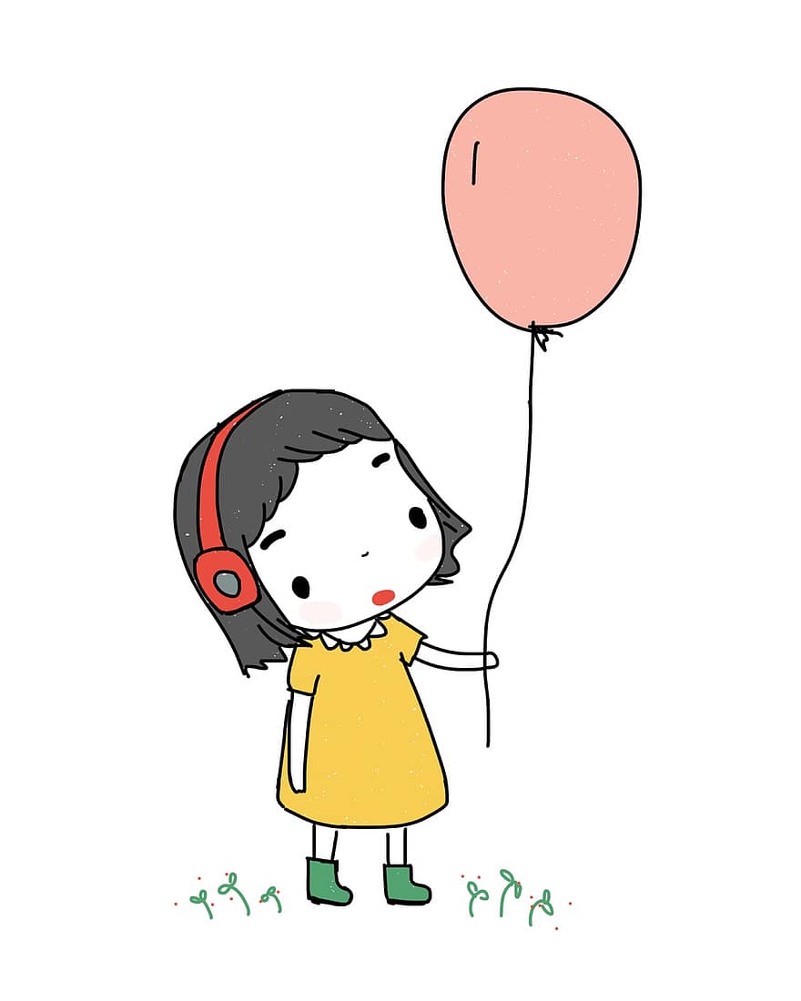 malá holka, balón, sluchátka, hudba, dívka, málo, šťastný, roztomilý, rozkošný, žlutá, nevinný