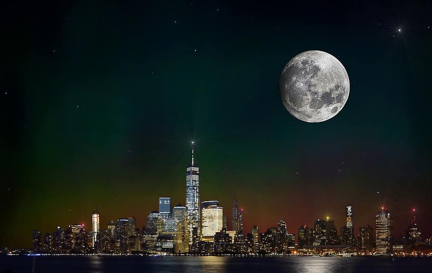 نيويورك ، خط السماء ، مشهد ليلي ، جديد ، يورك ، مدينة نيويورك ، القمر ، ضوء القمر ، النجوم ، أفق مدينة نيويورك ، مانهاتن